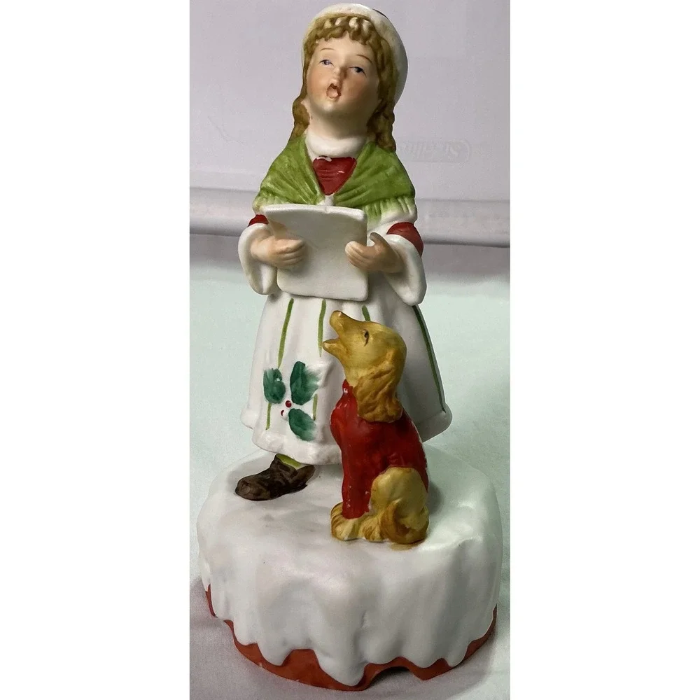 Vintage Christmas Music Box Girl Caroler Dog Noel Ceramic Figurine Retro Holiday